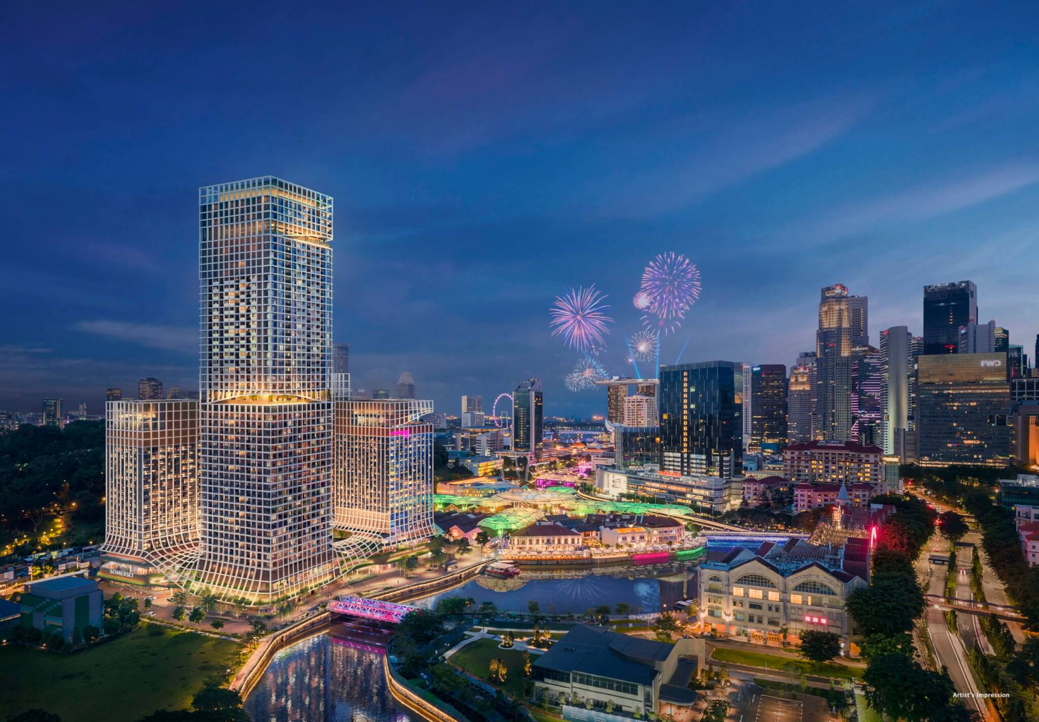 Night aerial view of CanningHill Piers integrated development by CDL in Singapore