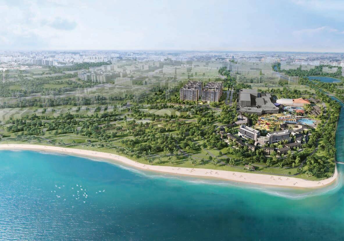 Aerial view of Coastal Cabana executive condo EC next to the coastline and sea