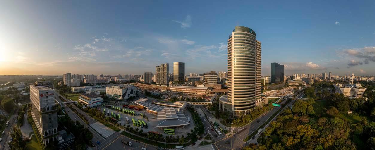 Aerial view of Jurong Lake District showing Jurong East MRT station, bus interchange, surrounding office buildings, Westgate, and JEM shopping malls.