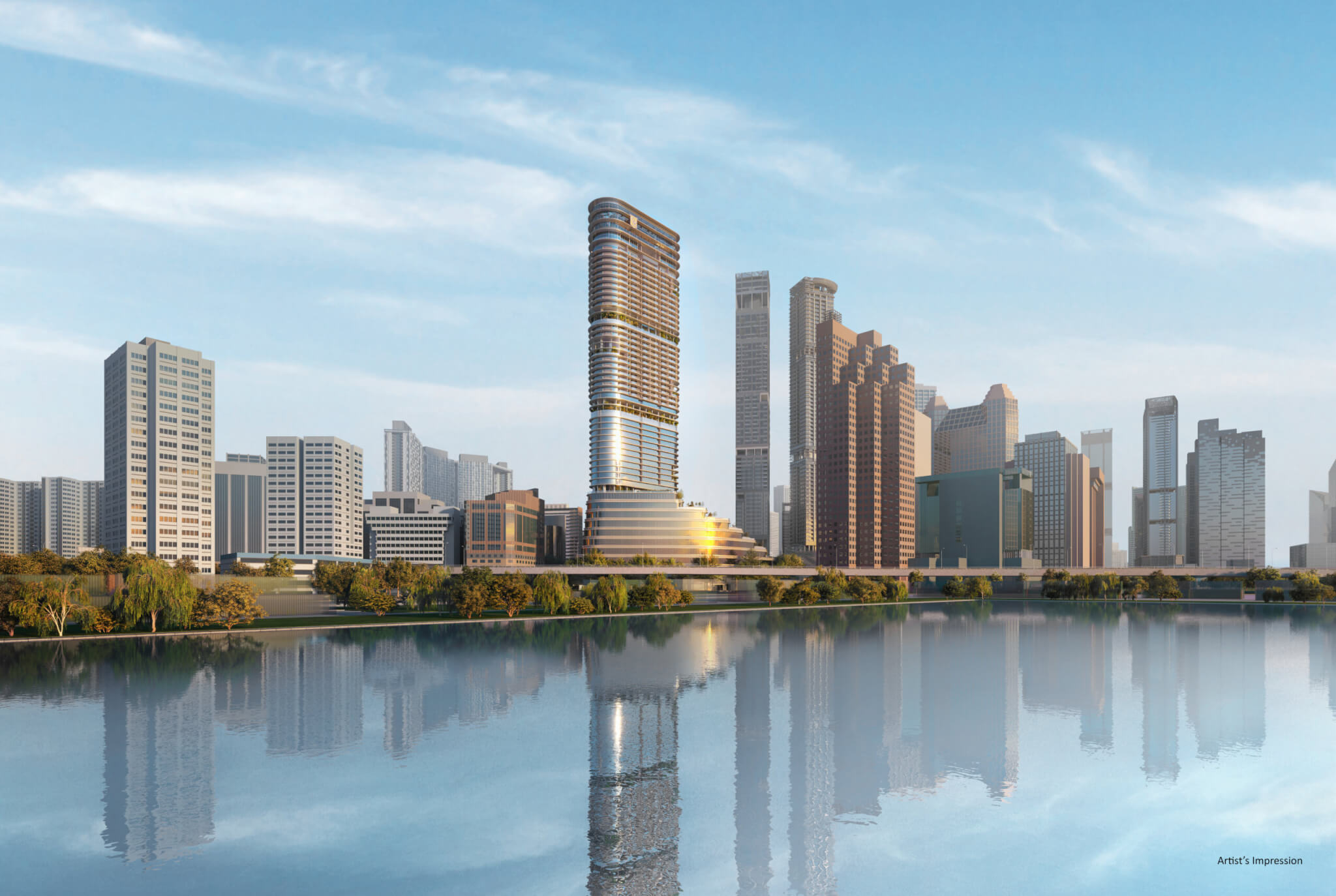 Seafront view of Newport Residences facade overlooking Singapore Straits