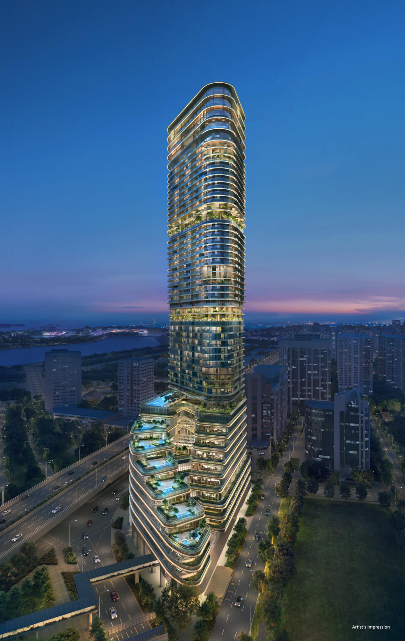 Night view of Newport Residences with cascading terrace design