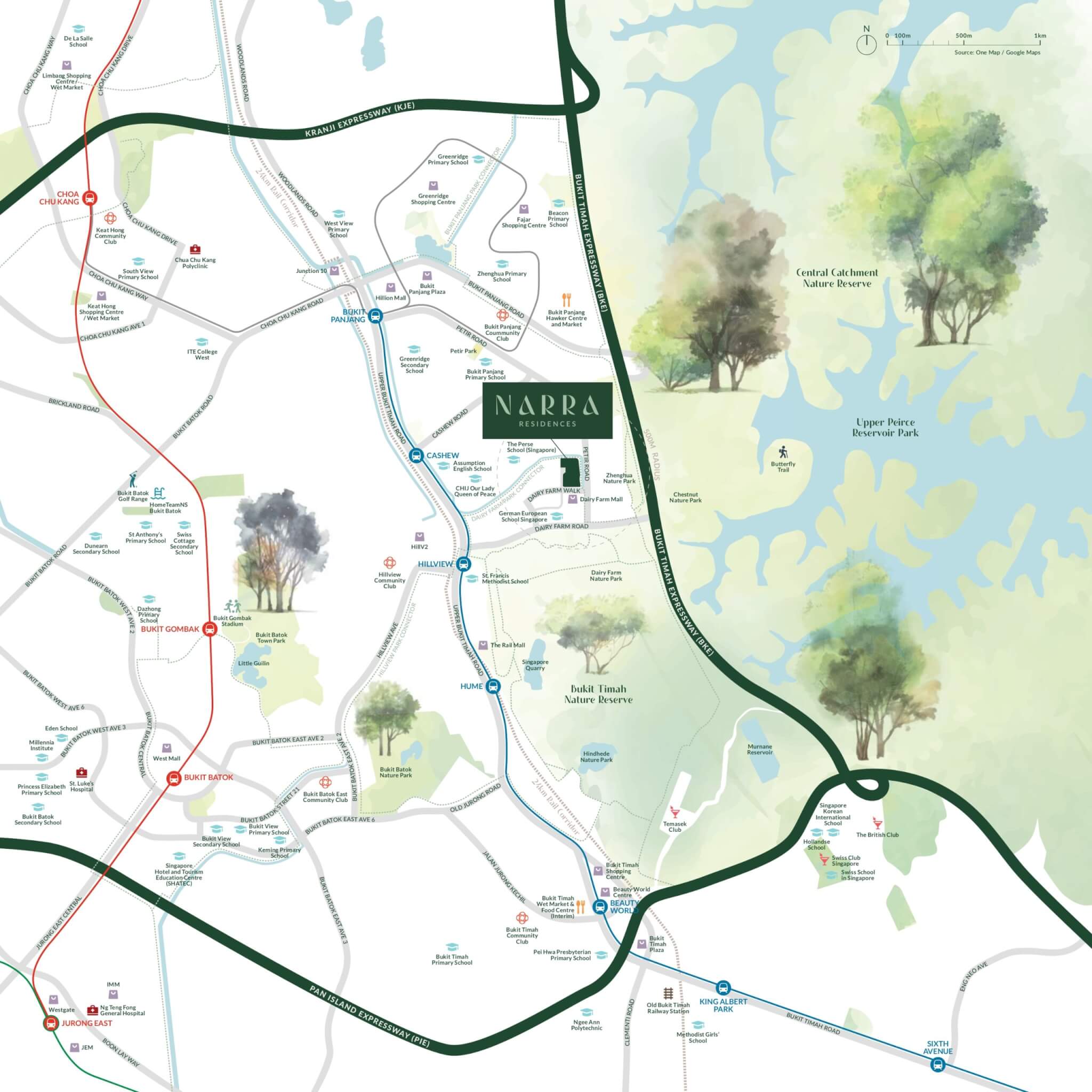 Location map of Narra Residences along Dairy Farm Walk in Bukit Panjang, showing nearby nature parks and amenities