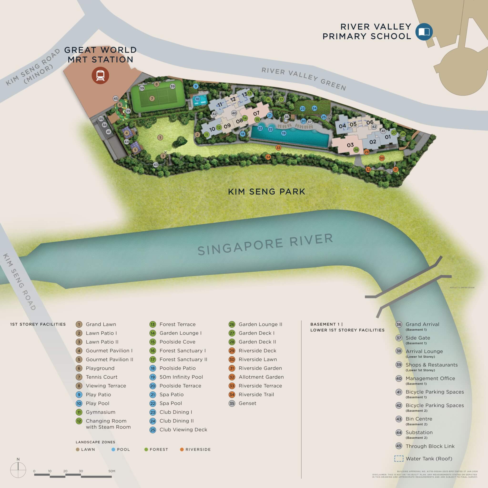 Site map of River Modern condo in River Valley near Great World City showing the residential blocks, site layout, and full range of facilities including swimming pool, clubhouse, landscaped gardens, fitness areas, and communal amenities.