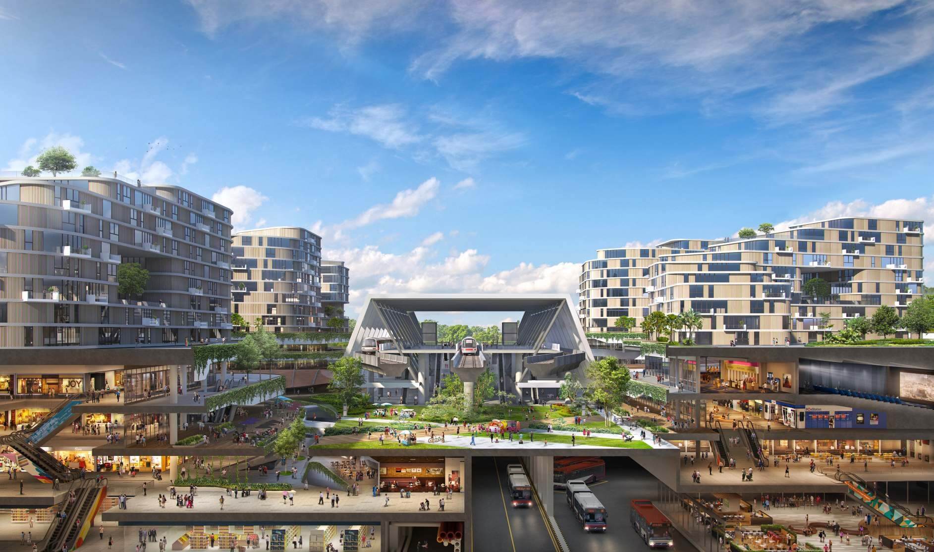 Artist’s impression of Tengah Town in Singapore, showcasing a planned sustainable and smart neighbourhood with greenery and modern urban design
