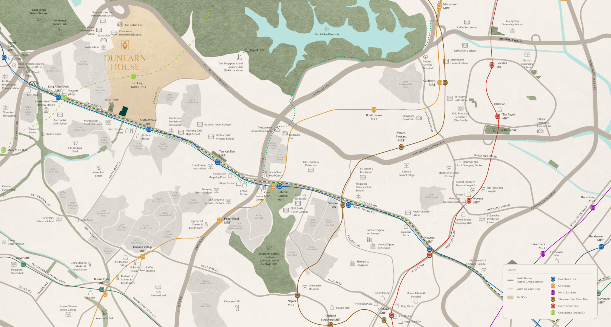 Dunearn House location map showing its Bukit Timah address near Sixth Avenue MRT, Turf City, Methodist Girls' School and major amenities in District 11 Singapore