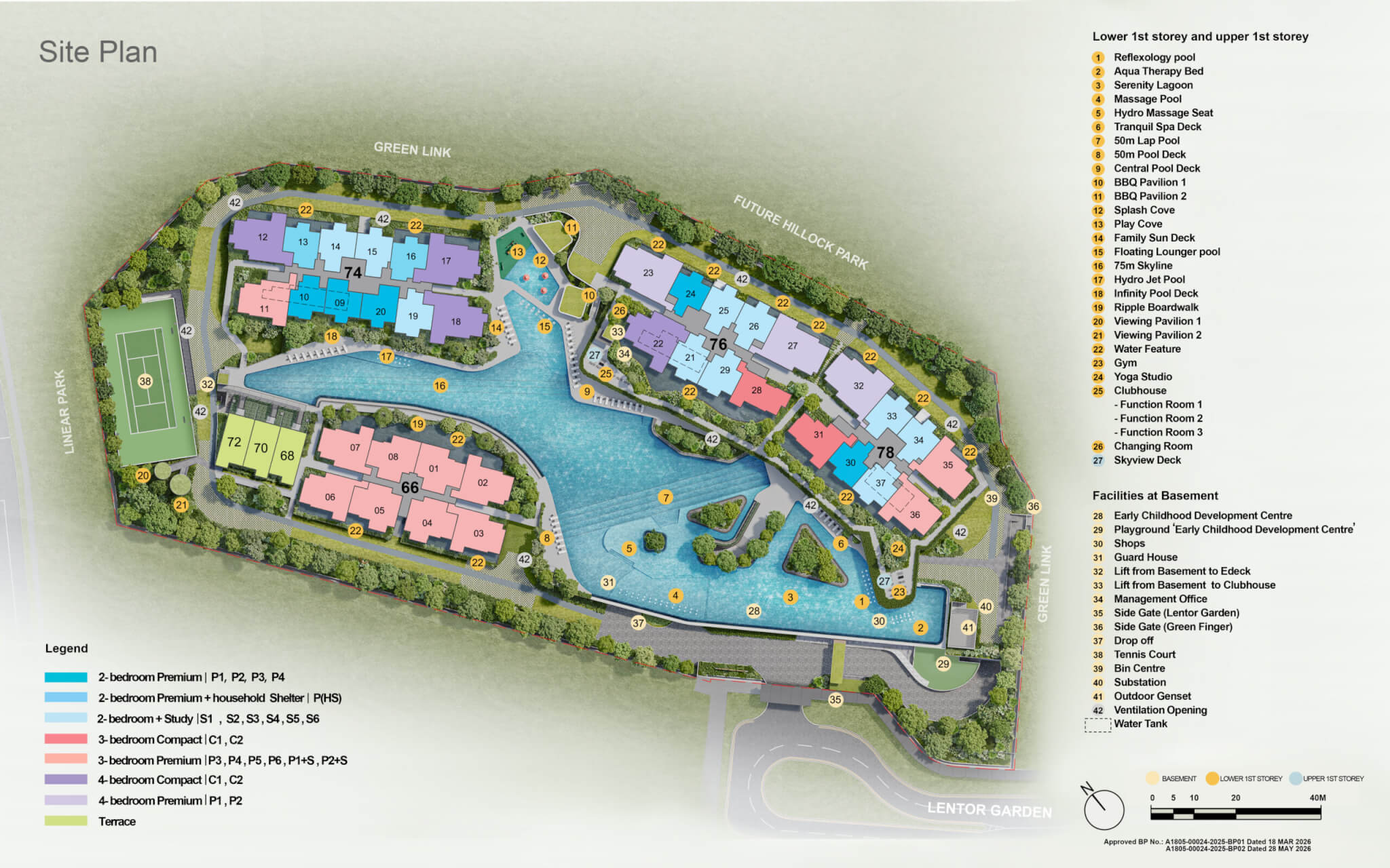 Lentor Gardens site plan showcasing residential towers, swimming pools, clubhouse, landscaped gardens, recreational facilities and communal spaces within the development