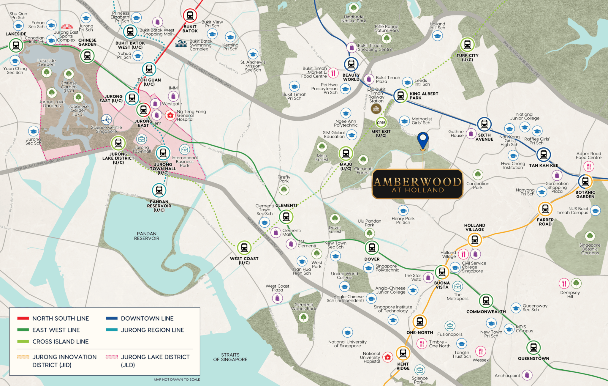 Amberwood At Holland location map showing Holland Link, King Albert Park MRT Station, Holland Plain and nearby amenities in District 10 Singapore