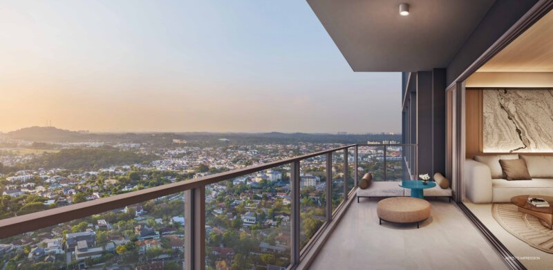 Evening balcony view from Skye at Holland overlooking the Holland Village neighbourhood, developed by UOL, SingLand and CapitaLand Development