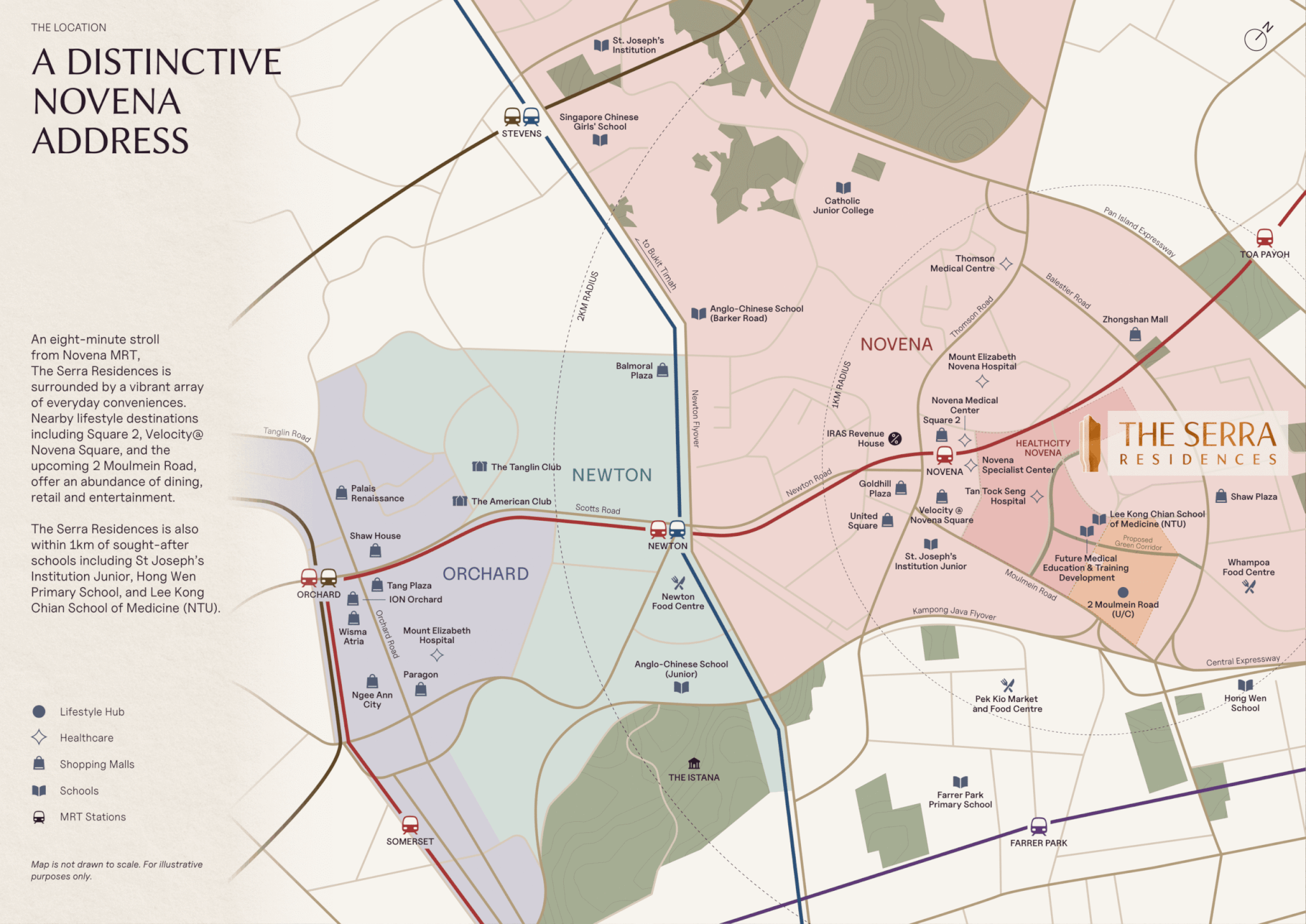 The Serra Residences location map at Bassein Road near Novena MRT, HealthCity Novena, shopping malls and schools